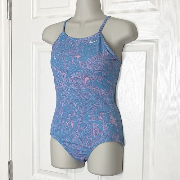 Nike Girls One-Piece Swimsuit Cross Back Blue Pink Size Large (12-13 years old) - Picture 5 of 9